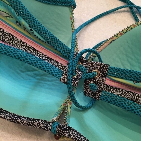 Paisley 36D tassel blue bikini top tie back bright - Picture 6 of 6